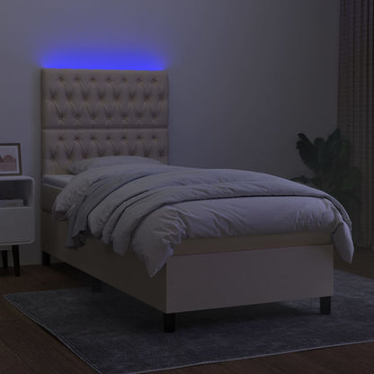 Cama box spring c/ colchão e LED 90x190 cm tecido cor creme