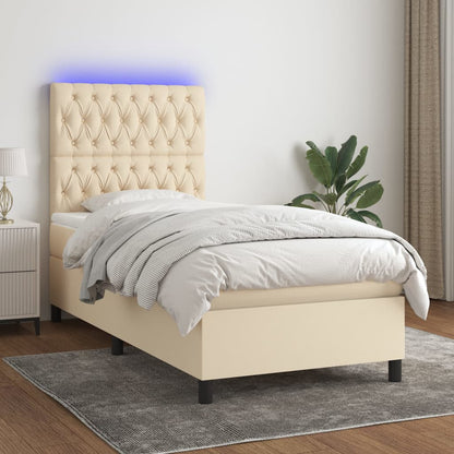 Cama box spring c/ colchão e LED 90x190 cm tecido cor creme