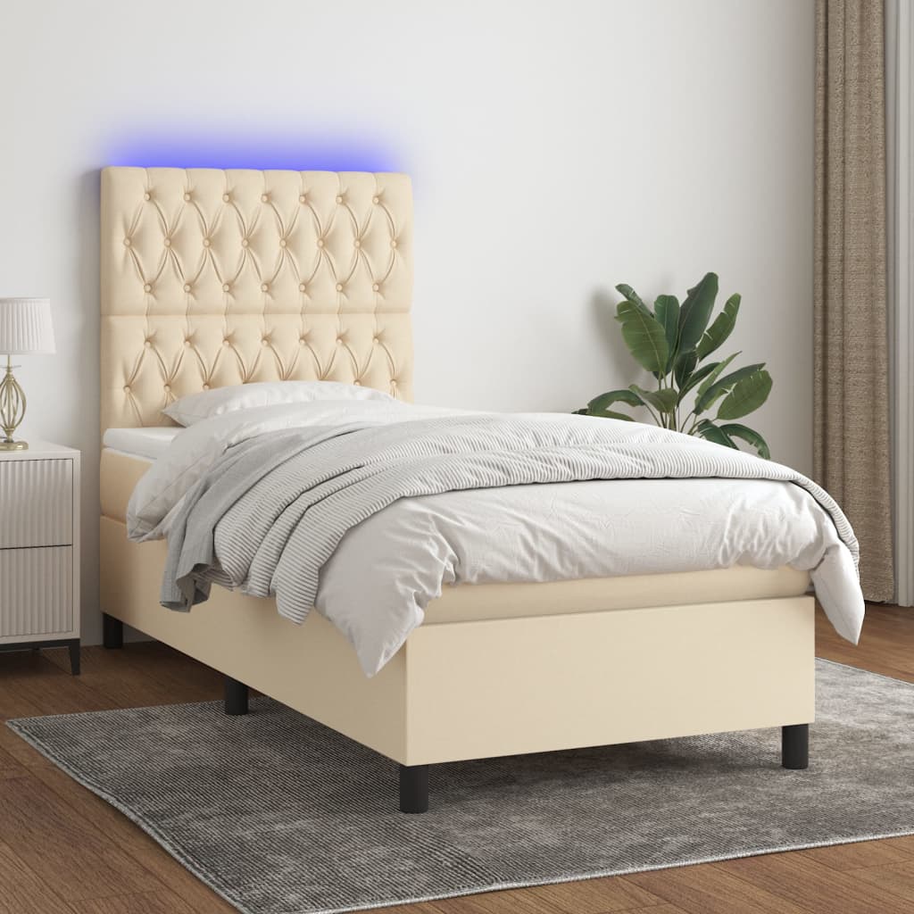 Cama box spring c/ colchão e LED 90x190 cm tecido cor creme