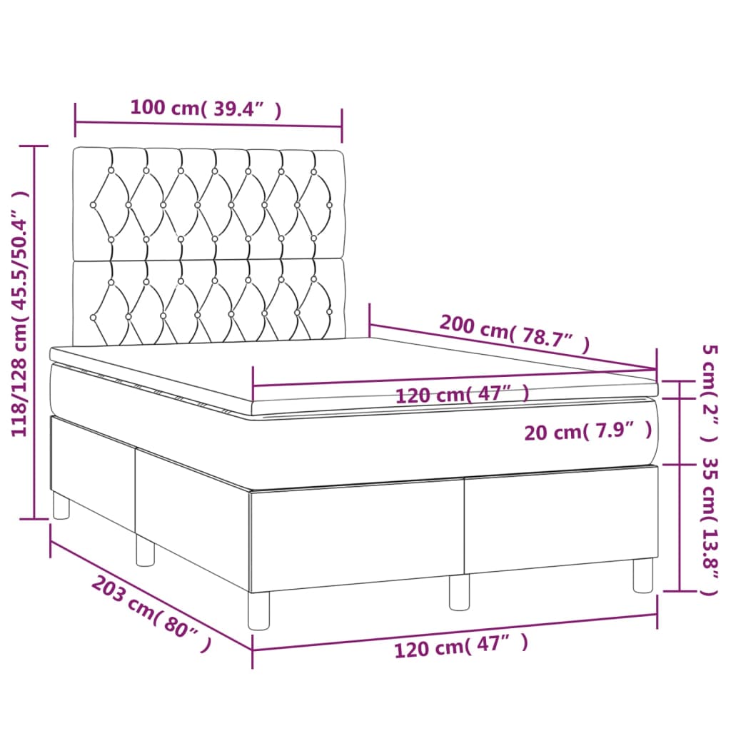 Cama box spring c/ colchão/LED 120x200cm tecido castanho-escuro