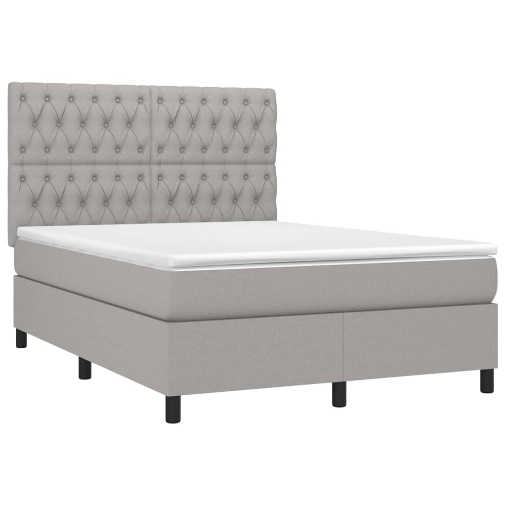 Cama box spring c/ colchão e LED 140x190 cm tecido cinza-claro