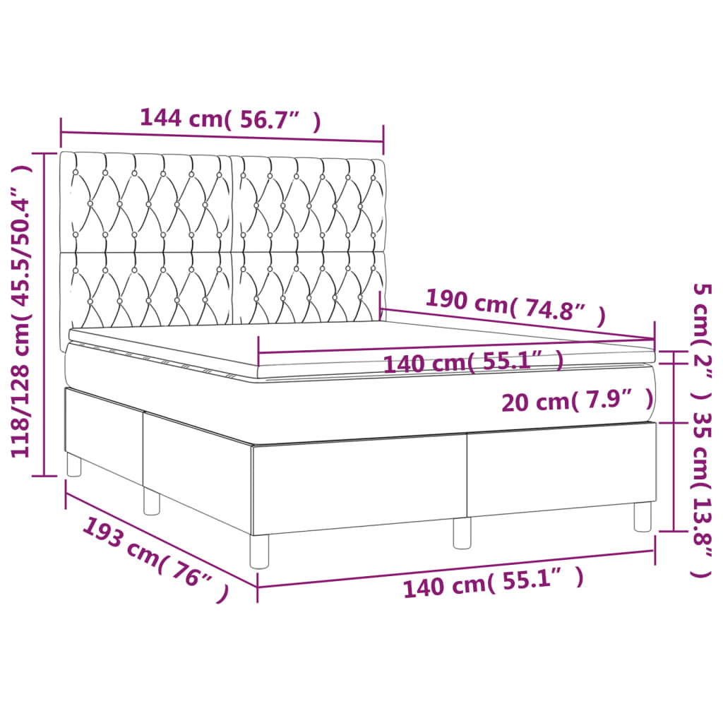 Cama box spring c/ colchão e LED 140x190 cm tecido cinza-claro