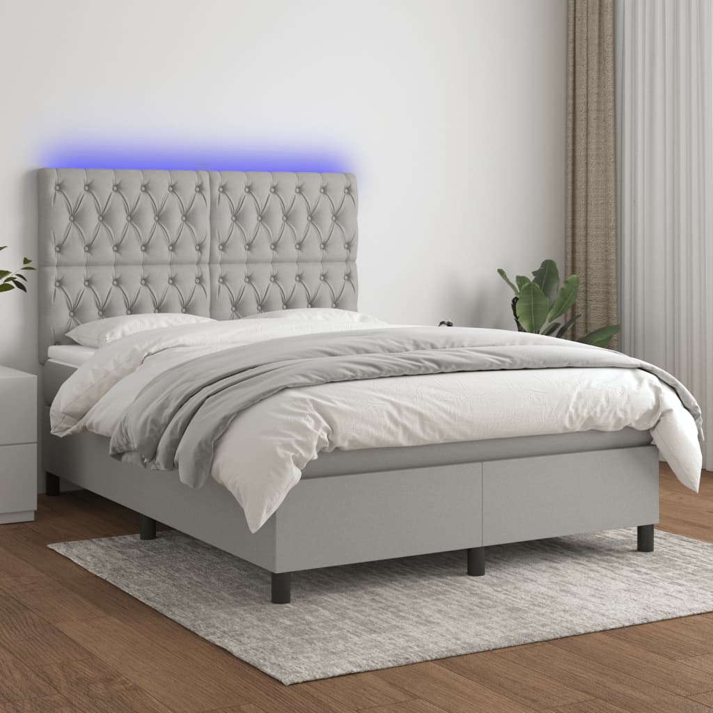 Cama box spring c/ colchão e LED 140x190 cm tecido cinza-claro