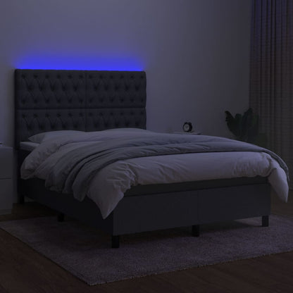 Cama box spring c/ colchão e LED 140x190 cm tecido cinza-escuro