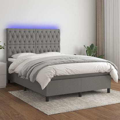 Cama box spring c/ colchão e LED 140x190 cm tecido cinza-escuro