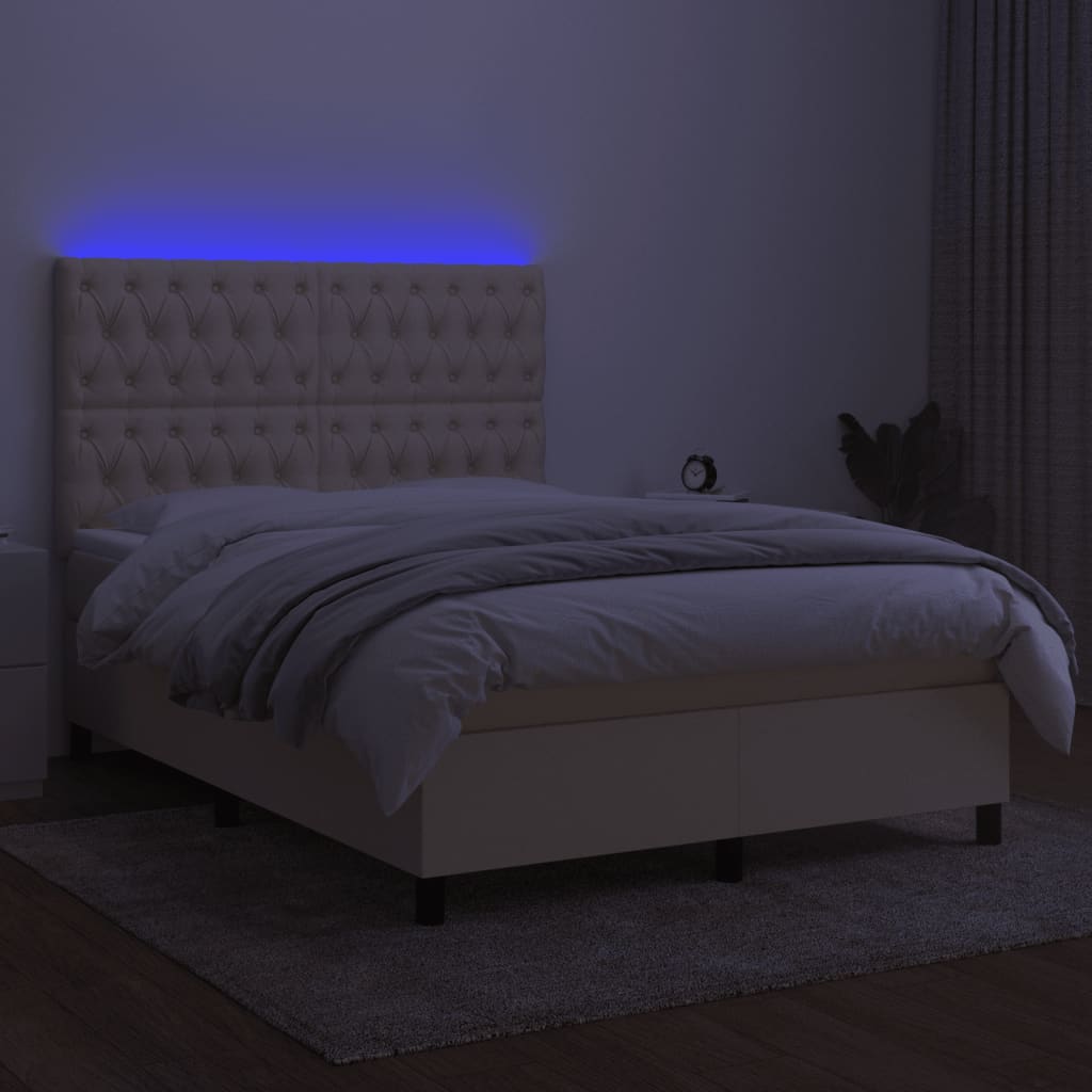 Cama box spring c/ colchão e LED 140x190 cm tecido cor creme