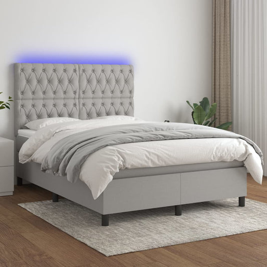 Cama box spring c/ colchão e LED 140x200 cm tecido cinza-claro