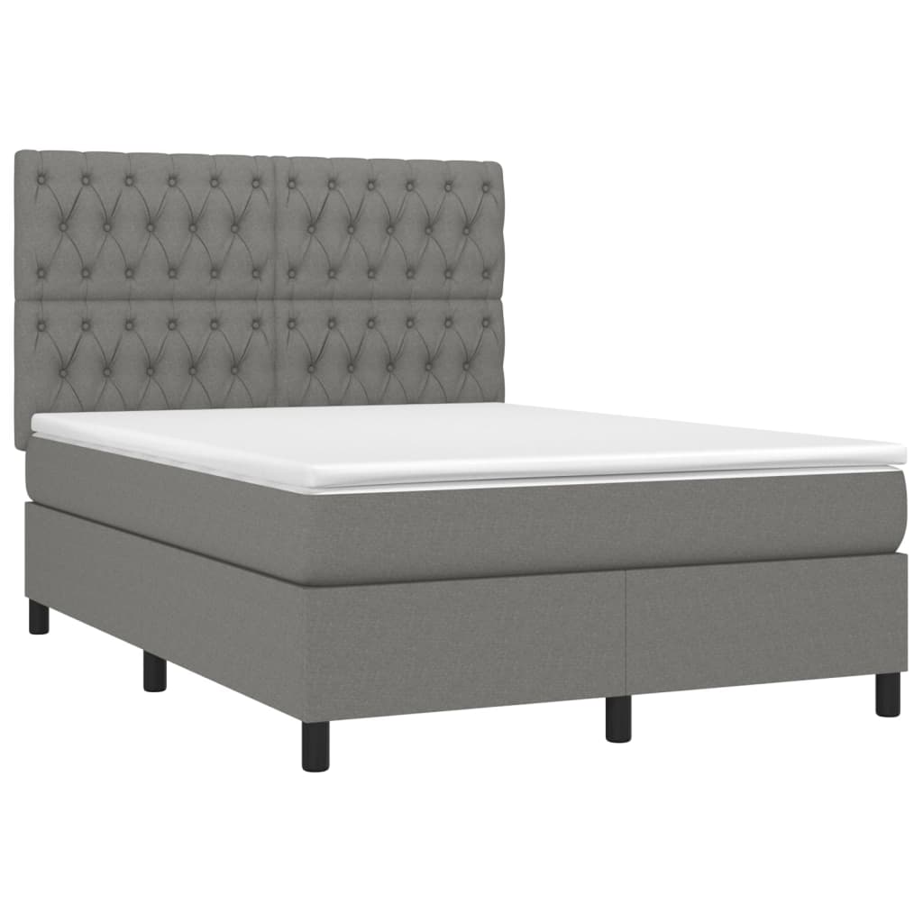 Cama box spring c/ colchão e LED 140x200 cm tecido cinza-escuro