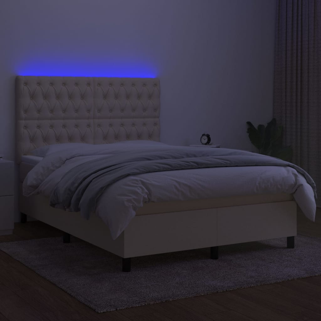 Cama box spring c/ colchão e LED 140x200 cm tecido cor creme