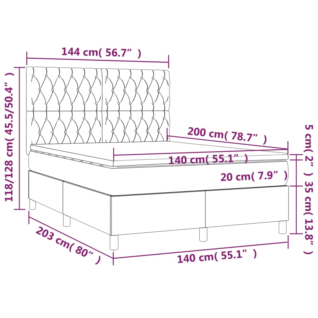 Cama box spring c/ colchão e LED 140x200 cm tecido cor creme