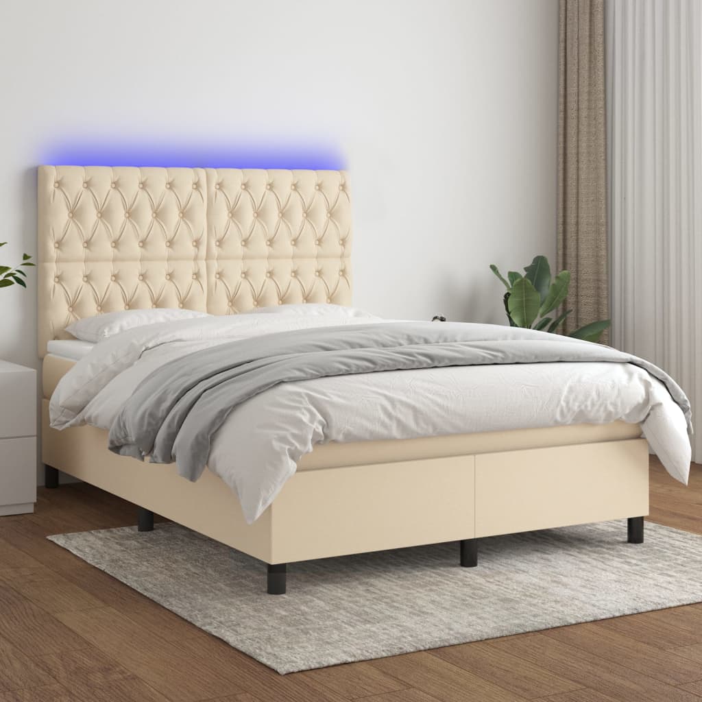 Cama box spring c/ colchão e LED 140x200 cm tecido cor creme