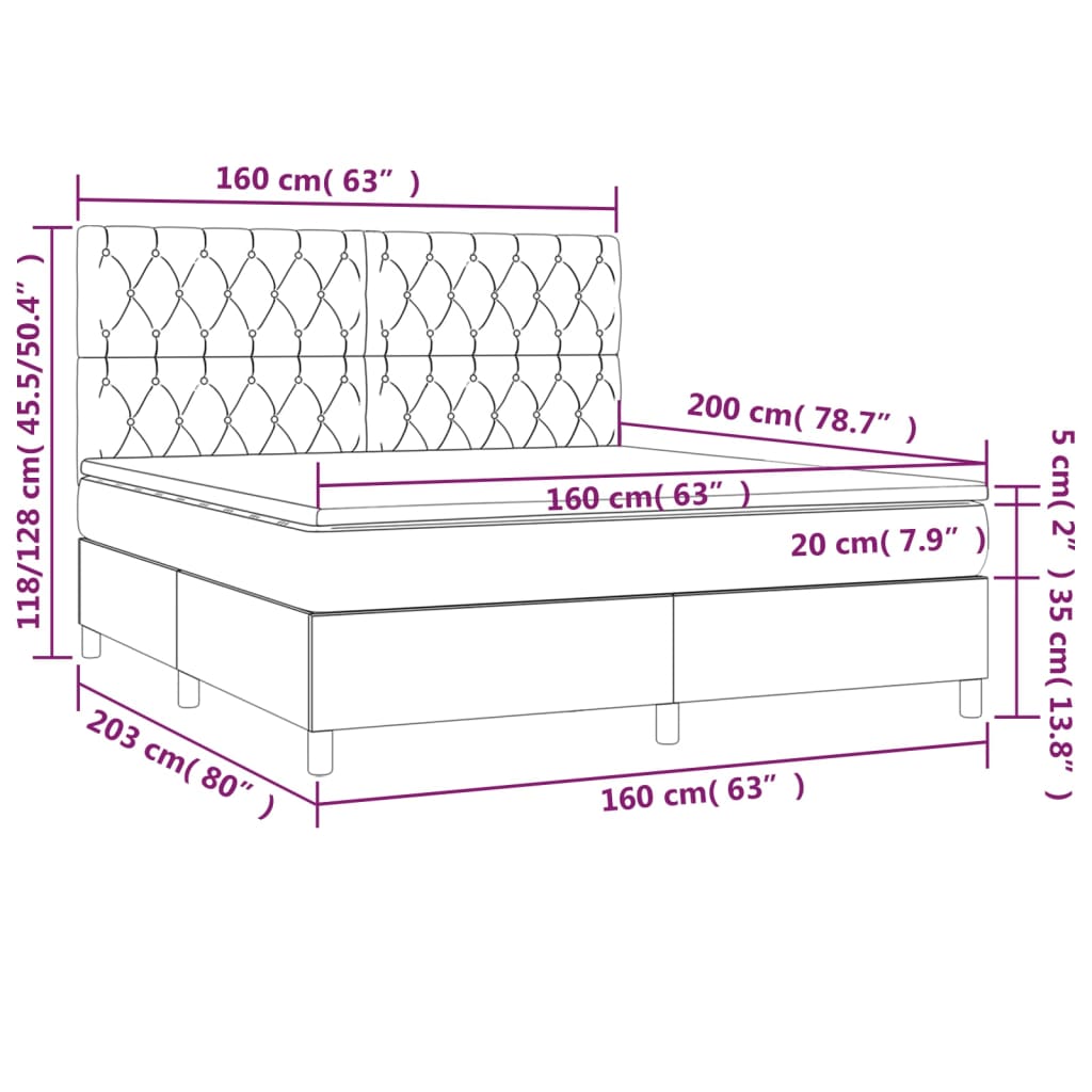 Cama box spring c/ colchão e LED 160x200 cm tecido cinza-claro