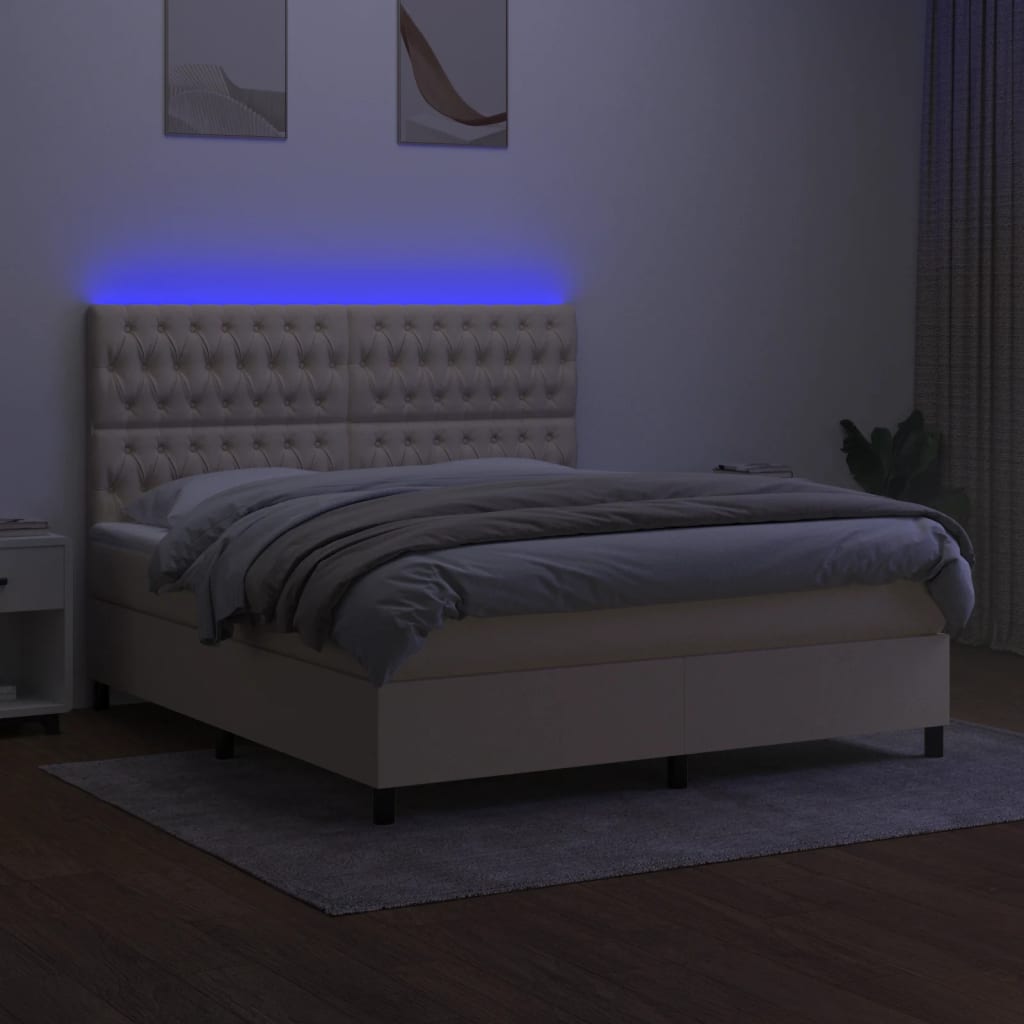 Cama box spring c/ colchão e LED 180x200 cm tecido cor creme