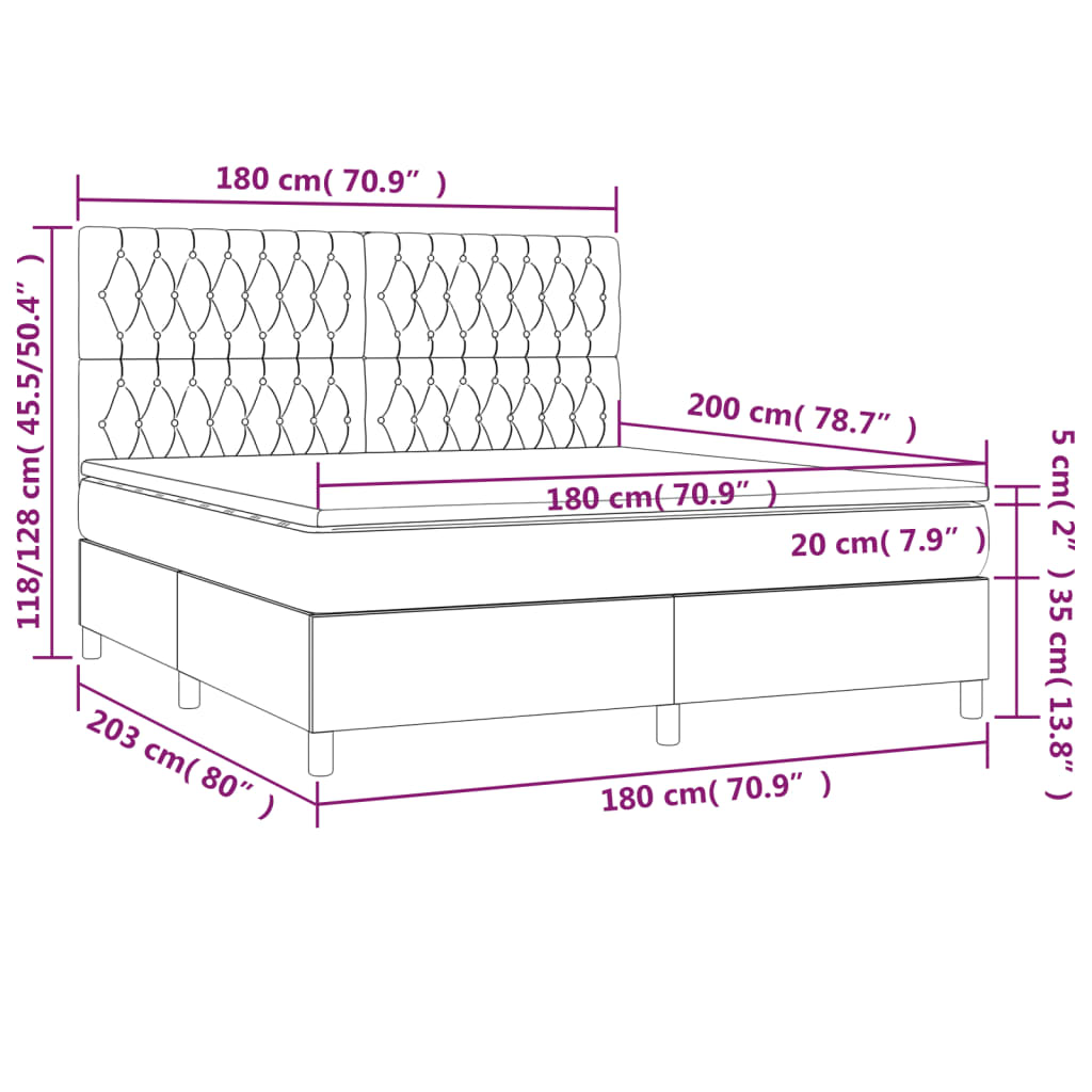 Cama box spring c/ colchão e LED 180x200 cm tecido azul