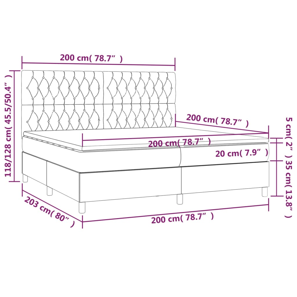 Cama box spring c/ colchão e LED 200x200 cm tecido cinza-claro