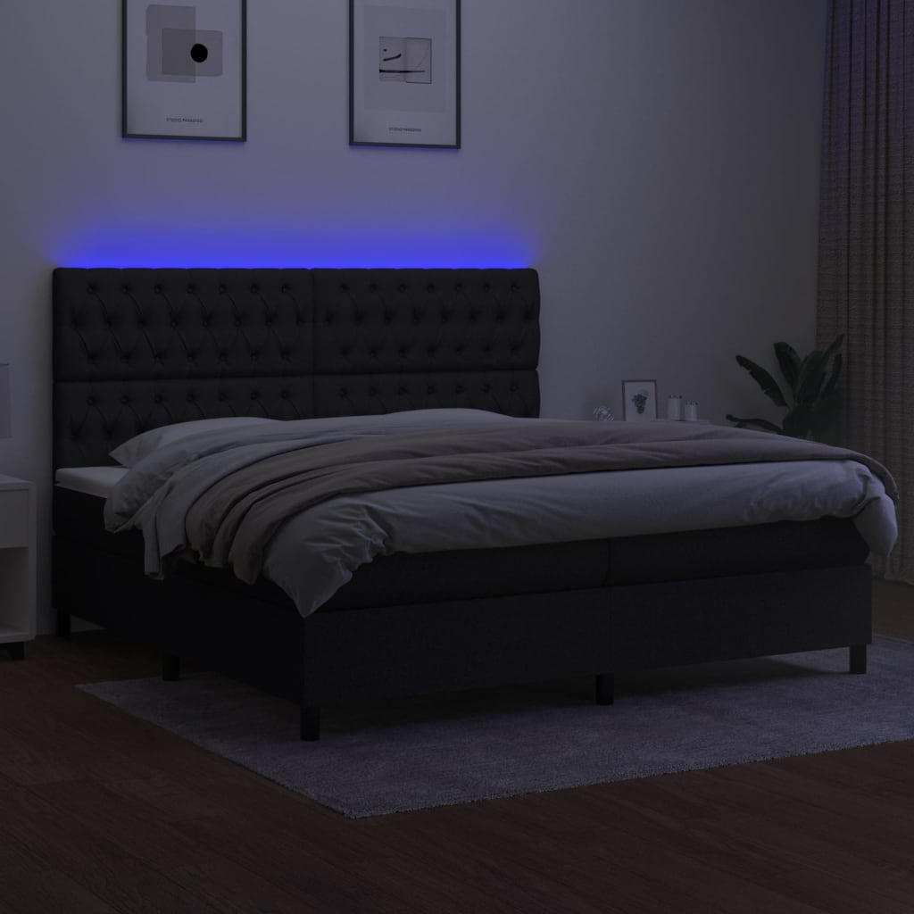 Cama box spring c/ colchão e LED 200x200 cm tecido preto