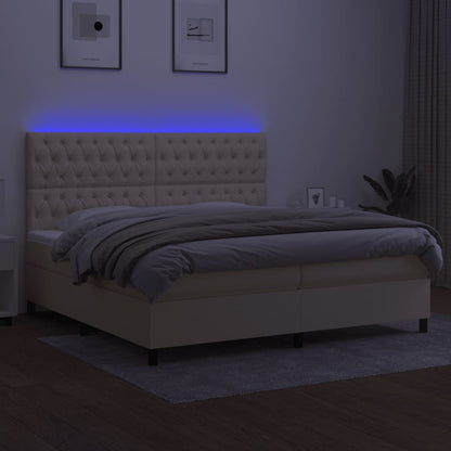 Cama box spring c/ colchão e LED 200x200 cm tecido cor creme