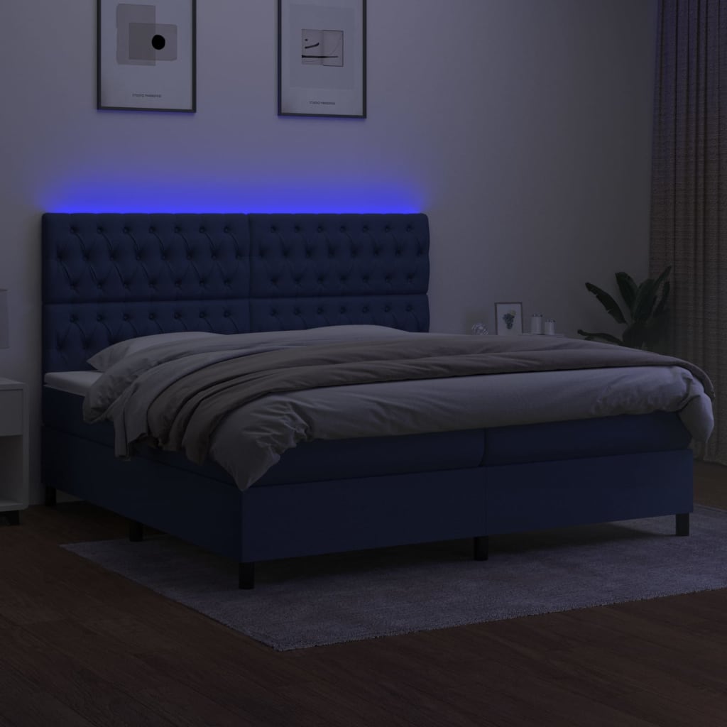 Cama box spring c/ colchão e LED 200x200 cm tecido azul