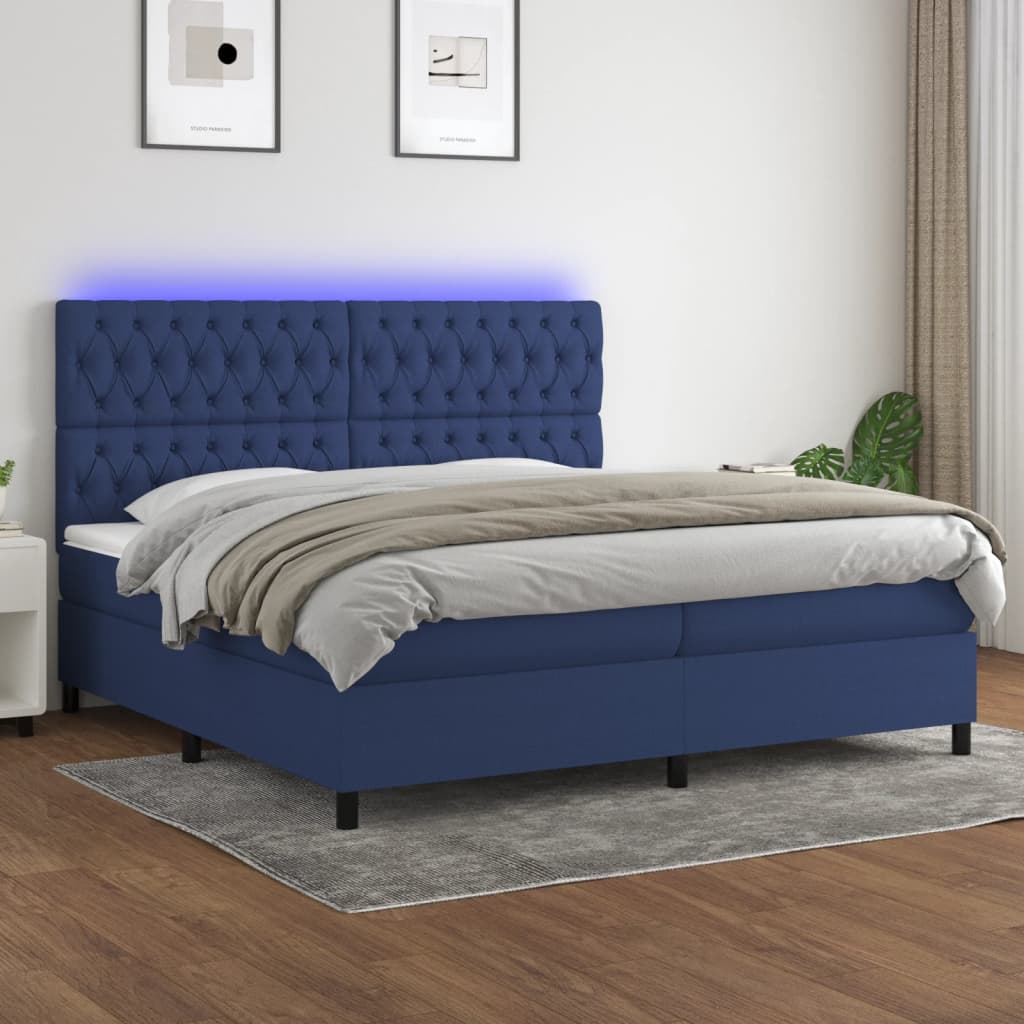 Cama box spring c/ colchão e LED 200x200 cm tecido azul