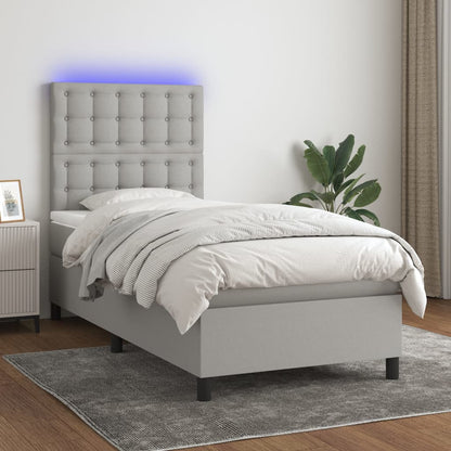 Cama box spring c/ colchão e LED 80x200 cm tecido cinza-claro