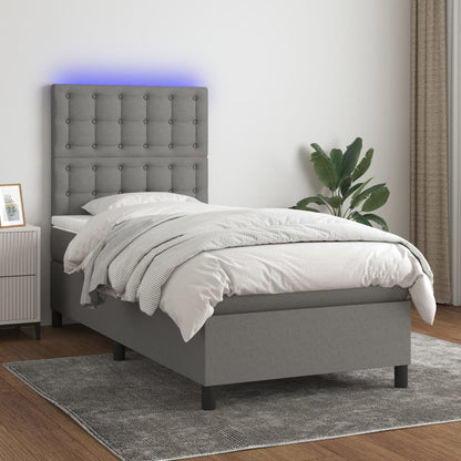 Cama box spring c/ colchão e LED 80x200 cm tecido cinza-escuro