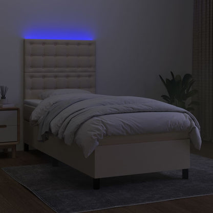 Cama box spring c/ colchão e LED 90x190 cm tecido cor creme