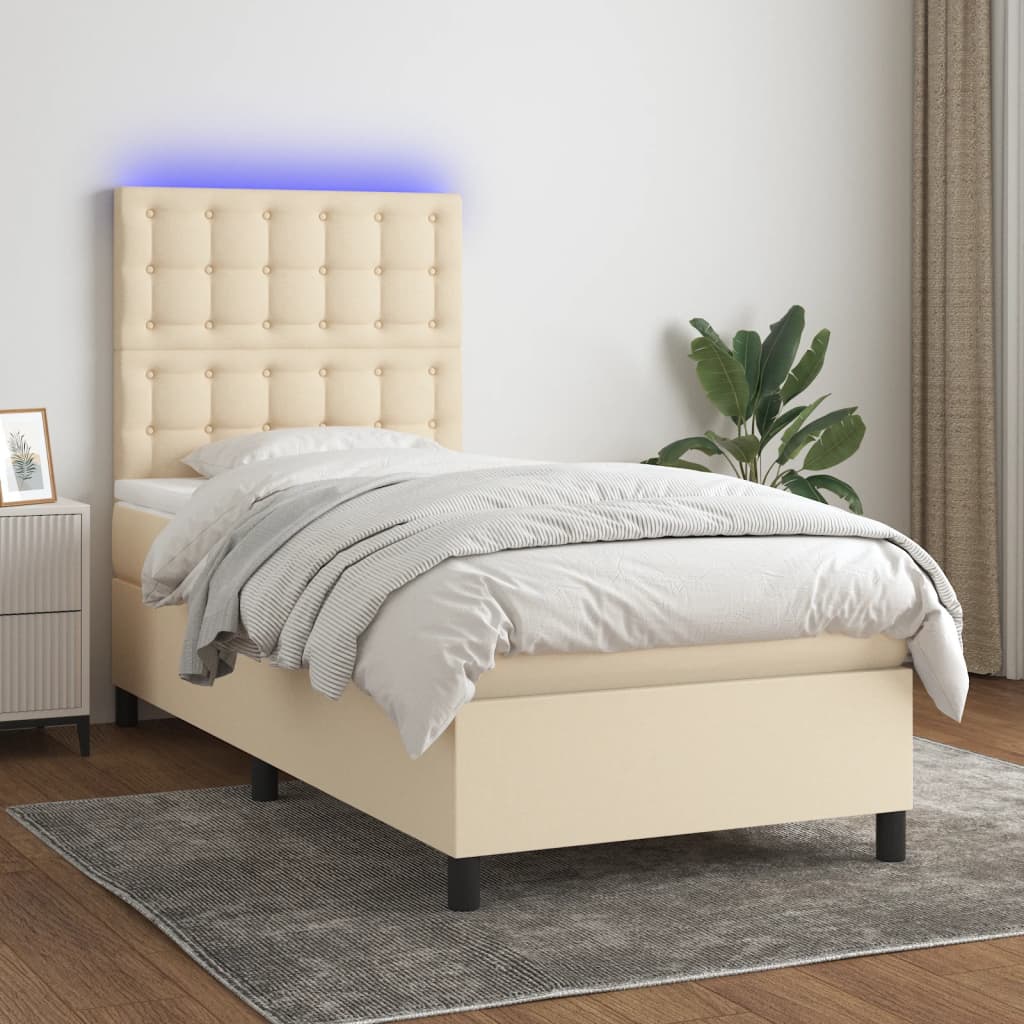 Cama box spring c/ colchão e LED 90x190 cm tecido cor creme