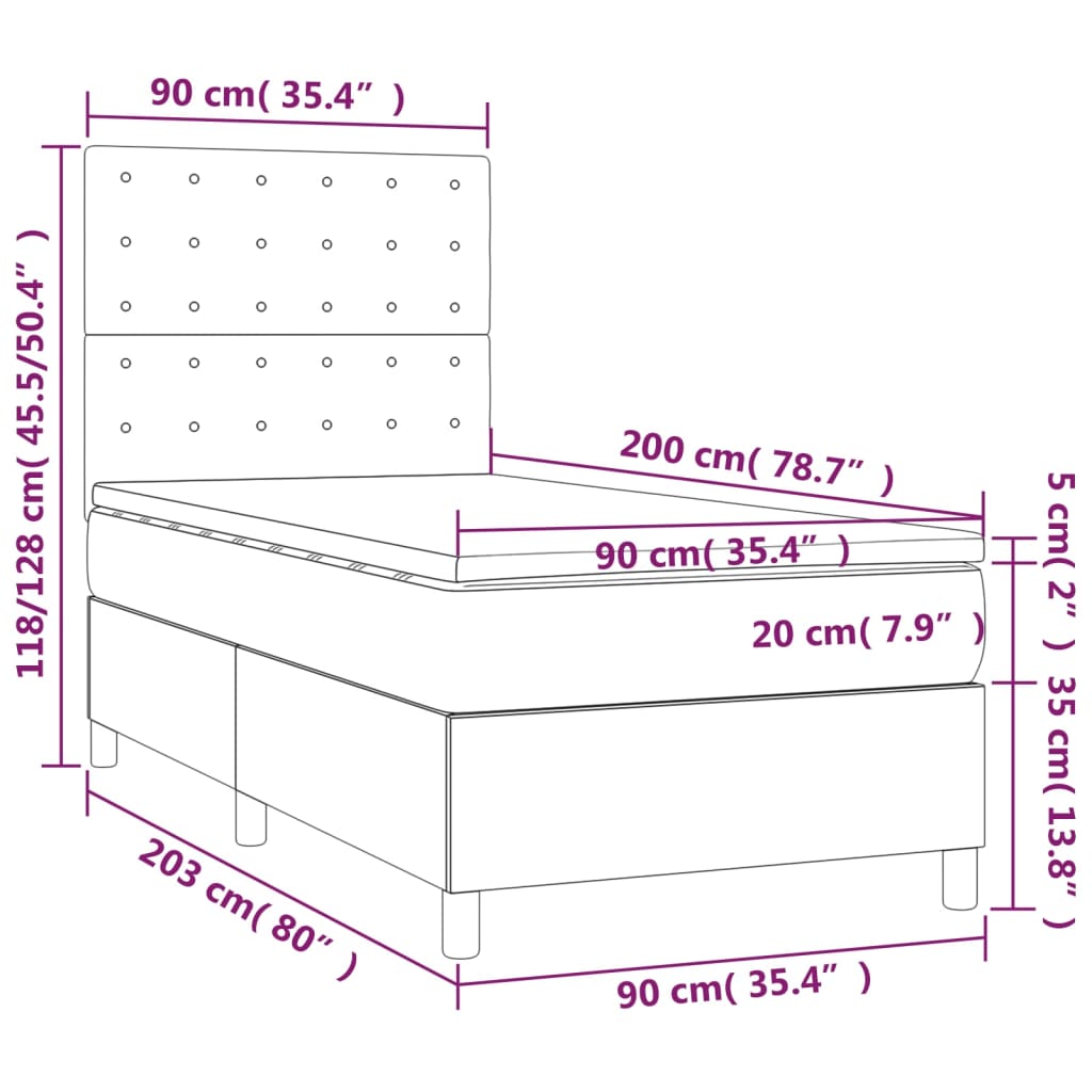 Cama box spring c/ colchão e LED 90x200 cm tecido cinza-escuro