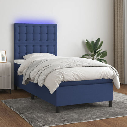 Cama box spring c/ colchão e LED 90x200 cm tecido azul