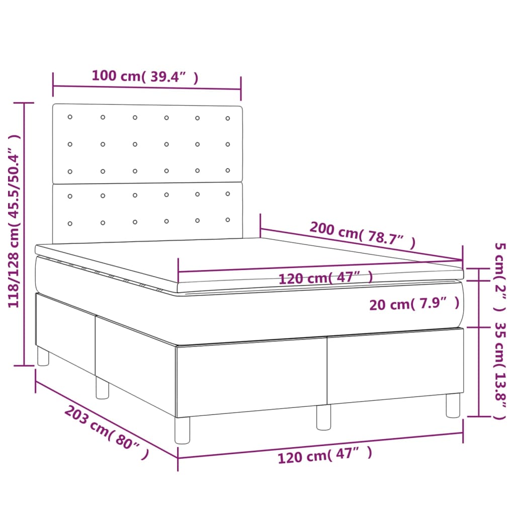 Cama box spring c/ colchão/LED 120x200cm tecido castanho-escuro