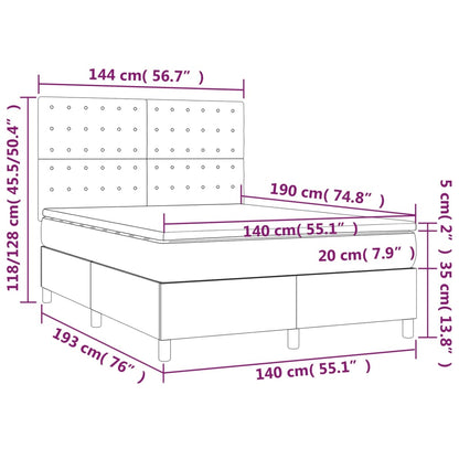 Cama box spring c/ colchão e LED 140x190 cm tecido cinza-claro