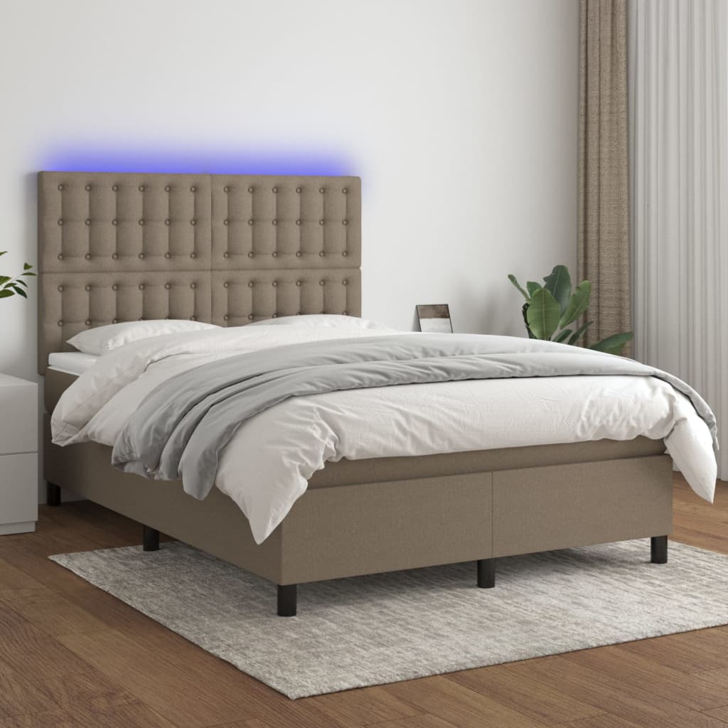 Cama box spring colchão/LED 140x190cm tecido cinza-acastanhado