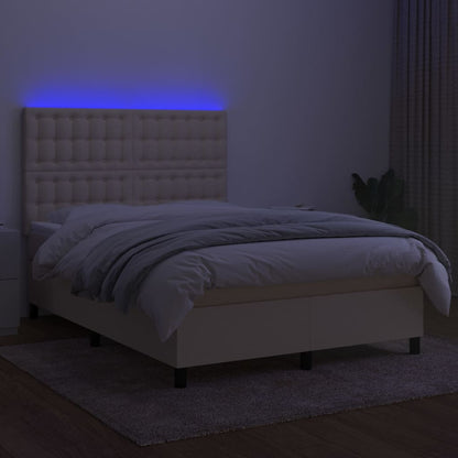 Cama box spring c/ colchão e LED 140x190 cm tecido cor creme