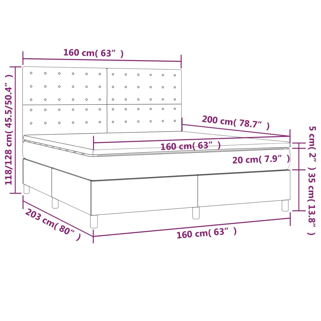 Cama box spring c/ colchão e LED 160x200 cm tecido cinza-escuro