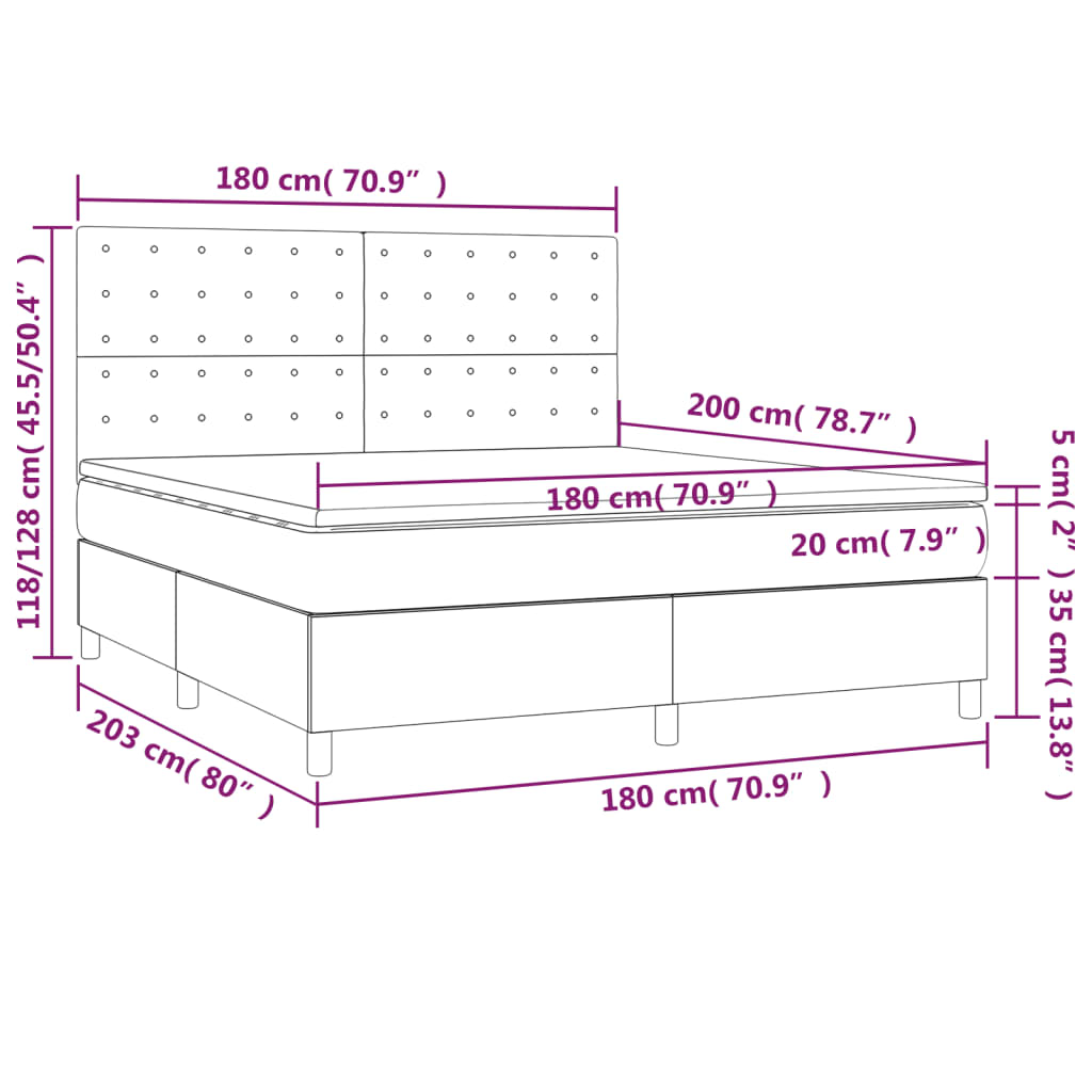 Cama box spring c/ colchão e LED 180x200 cm tecido cinza-claro