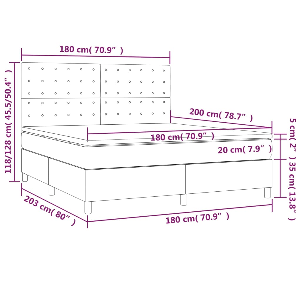 Cama box spring colchão/LED 180x200cm tecido cinza-acastanhado