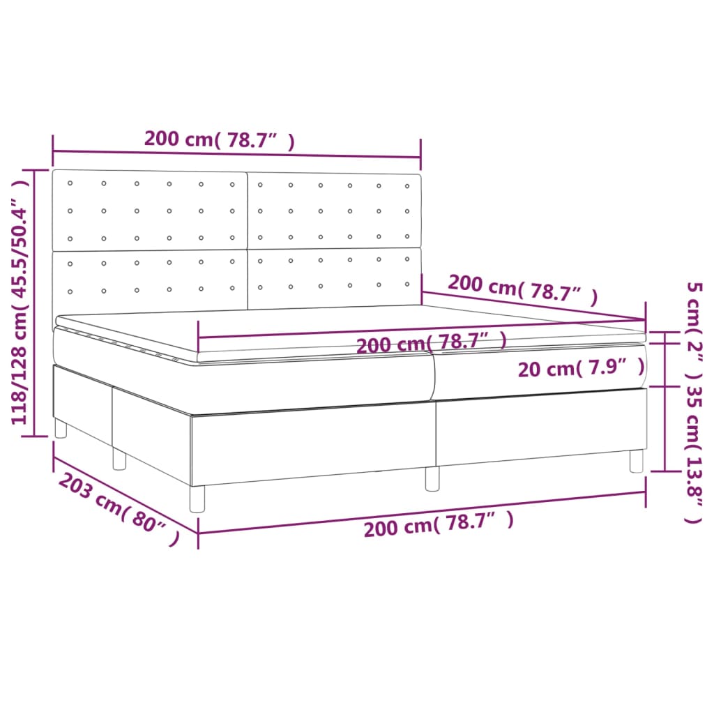 Cama box spring c/ colchão e LED 200x200 cm tecido cinza-claro