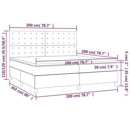 Cama box spring c/ colchão e LED 200x200 cm tecido cinza-claro