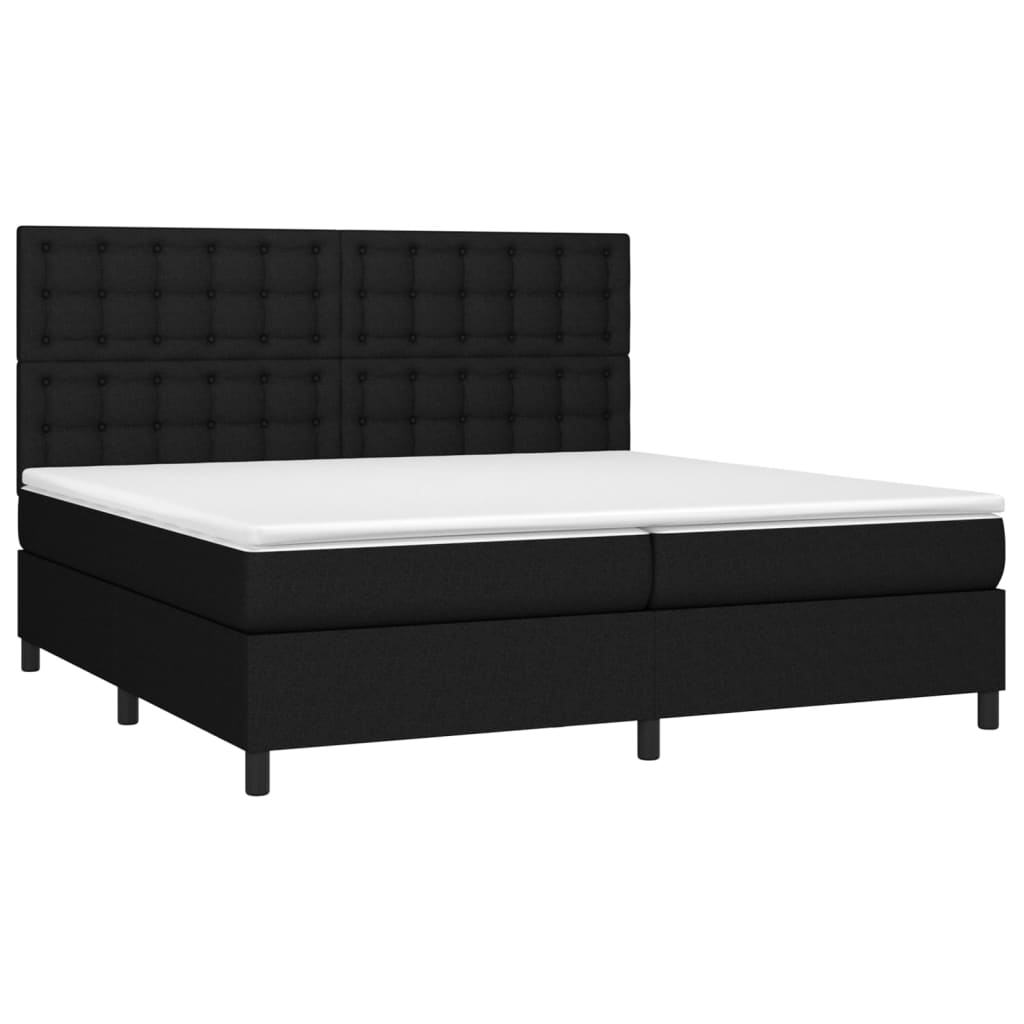 Cama box spring c/ colchão e LED 200x200 cm tecido preto