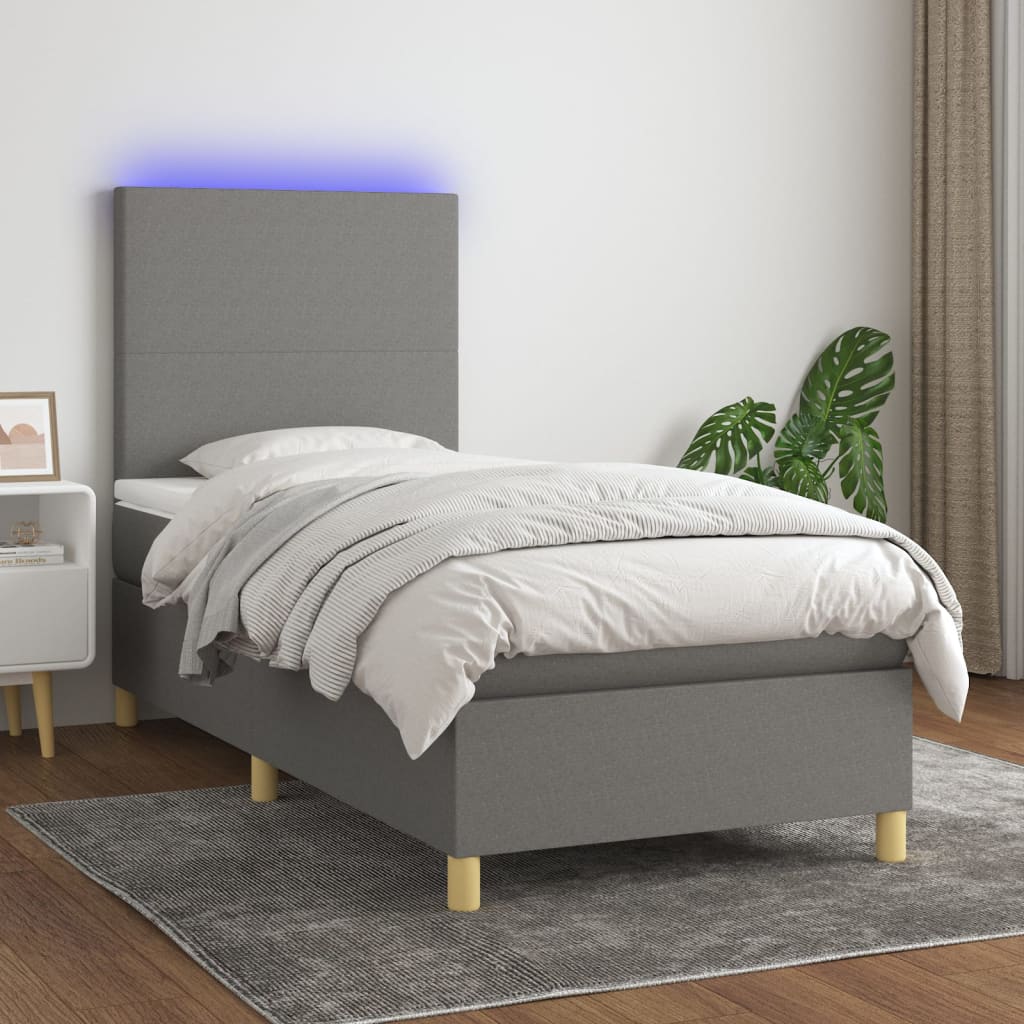 Cama box spring c/ colchão e LED 80x200 cm tecido cinza-escuro