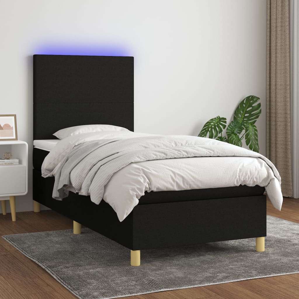 Cama box spring c/ colchão e LED 80x200 cm tecido preto