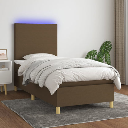 Cama box spring c/ colchão/LED 80x200cm tecido castanho-escuro