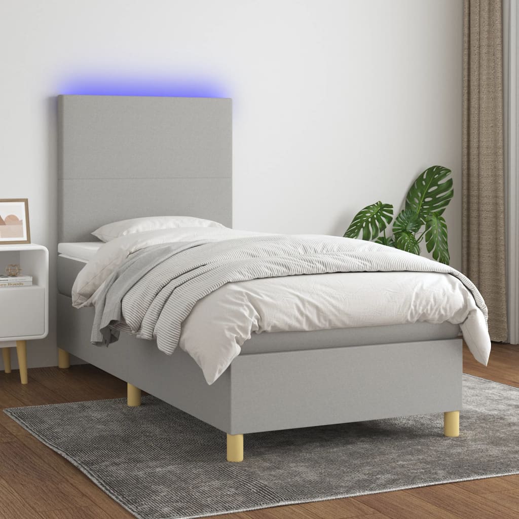 Cama box spring c/ colchão e LED 90x190 cm tecido cinza-claro