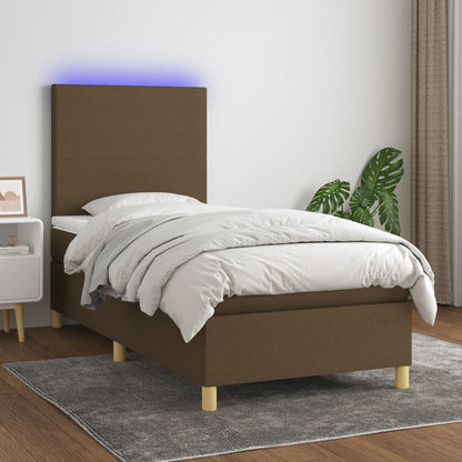 Cama box spring c/ colchão/LED 90x190 cm tecido castanho-escuro