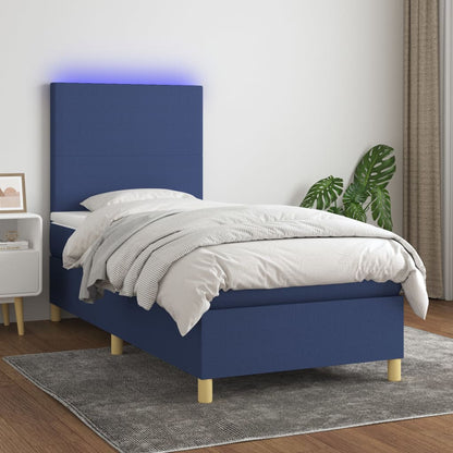 Cama box spring c/ colchão e LED 90x190 cm tecido azul