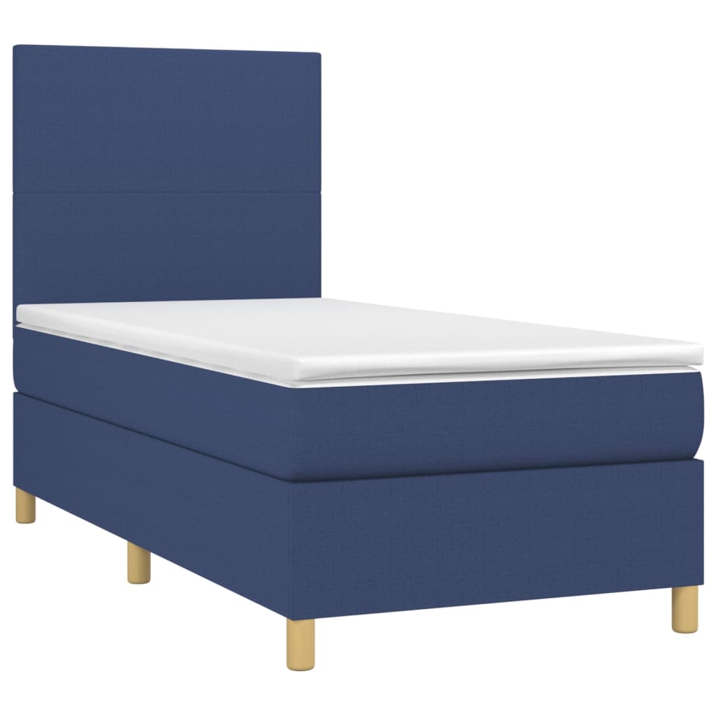 Cama box spring c/ colchão e LED 100x200 cm tecido azul