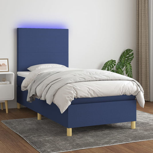 Cama box spring c/ colchão e LED 100x200 cm tecido azul