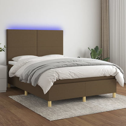 Cama box spring c/ colchão/LED 140x190cm tecido castanho-escuro