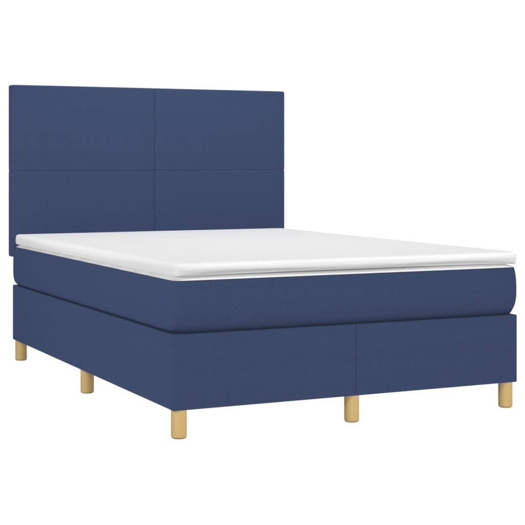 Cama box spring c/ colchão e LED 140x200 cm tecido azul