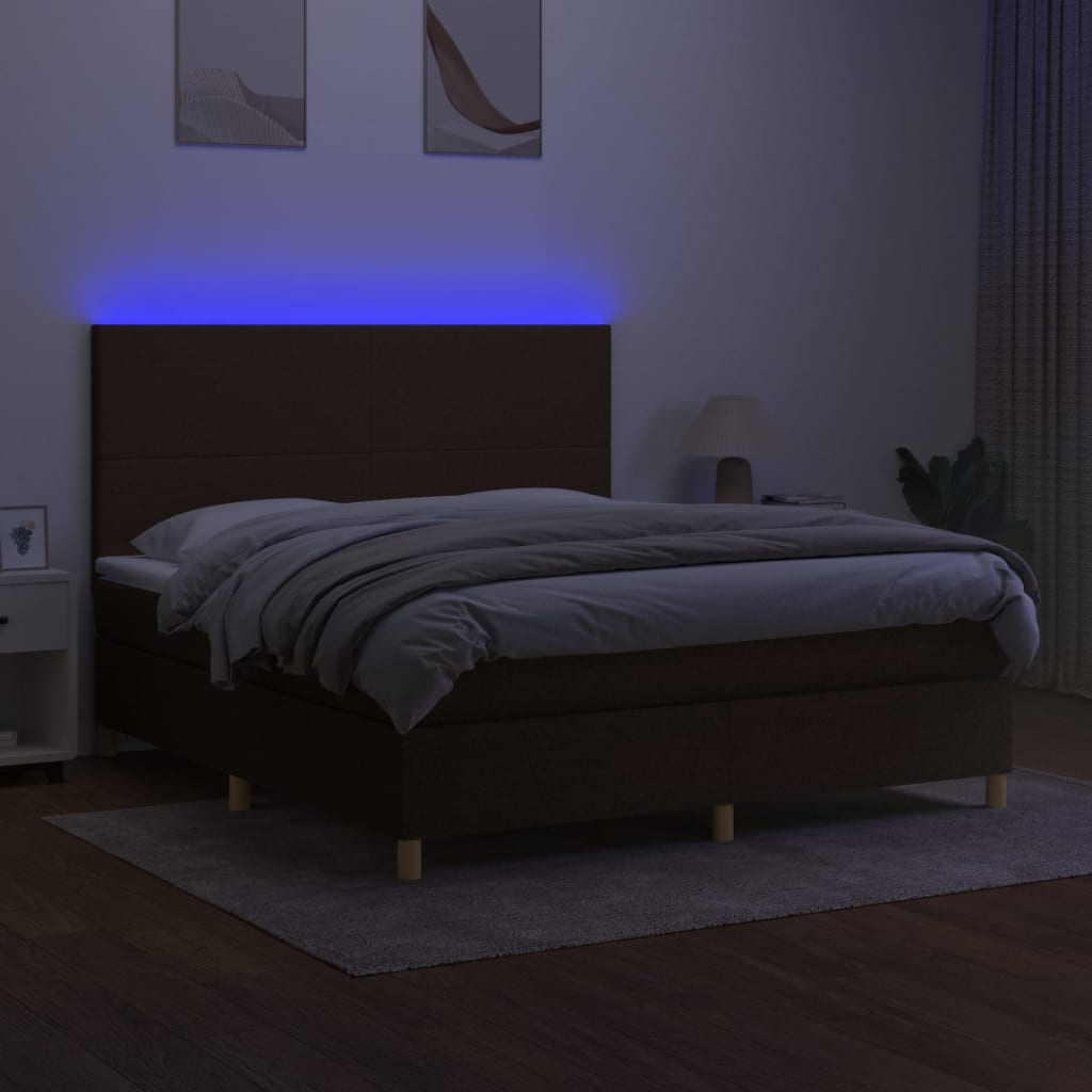 Cama box spring c/ colchão/LED 180x200cm tecido castanho-escuro